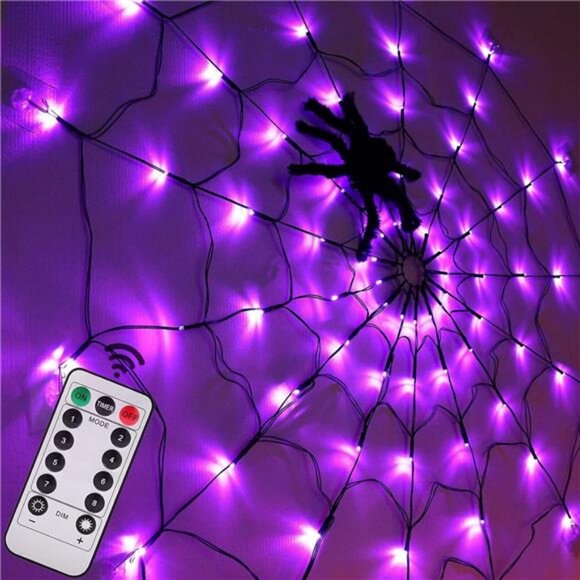 Halloween Decorations Spider Web Lights - 4FT Diameter 70 LED with Black Spider - Picture 1 of 7